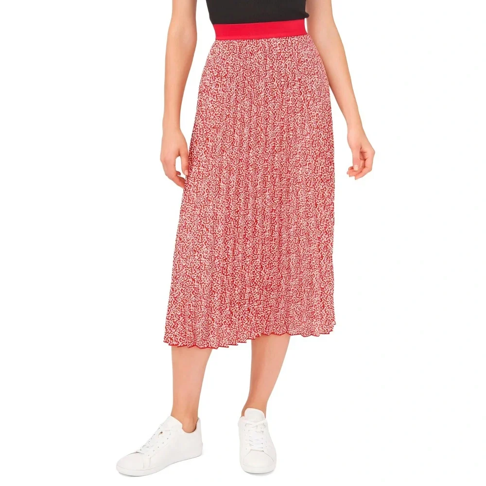 Vince Camuto XXLarge‎ Red White Floral Pleated Midi Skirt Chiffon